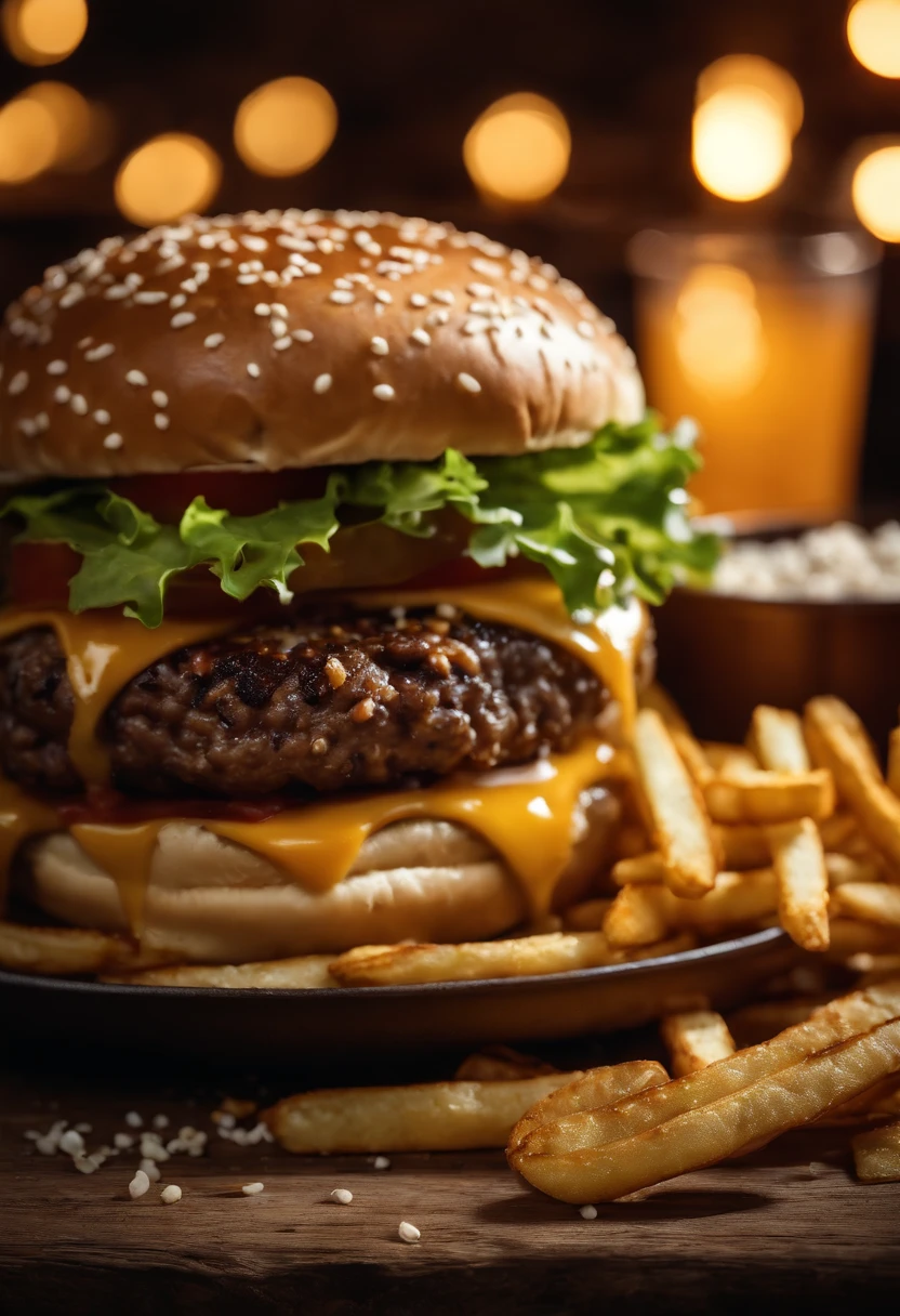 a top-down shot of a cheeseburger on a rustic wooden table, with sesame seeds sprinkled on the bun and a side of crispy golden fries, creating a classic American diner aesthetic