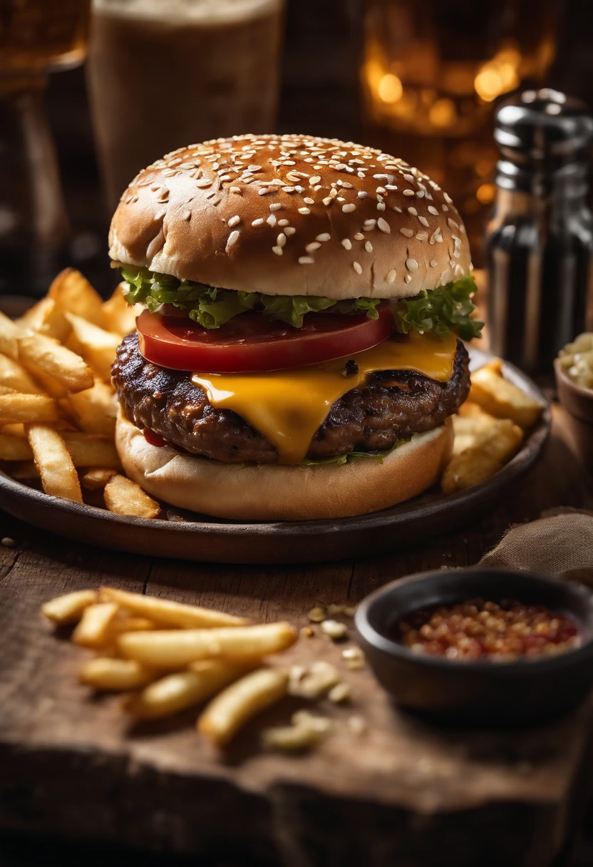 a top-down shot of a cheeseburger on a rustic wooden table, with sesame seeds sprinkled on the bun and a side of crispy golden fries, creating a classic American diner aesthetic