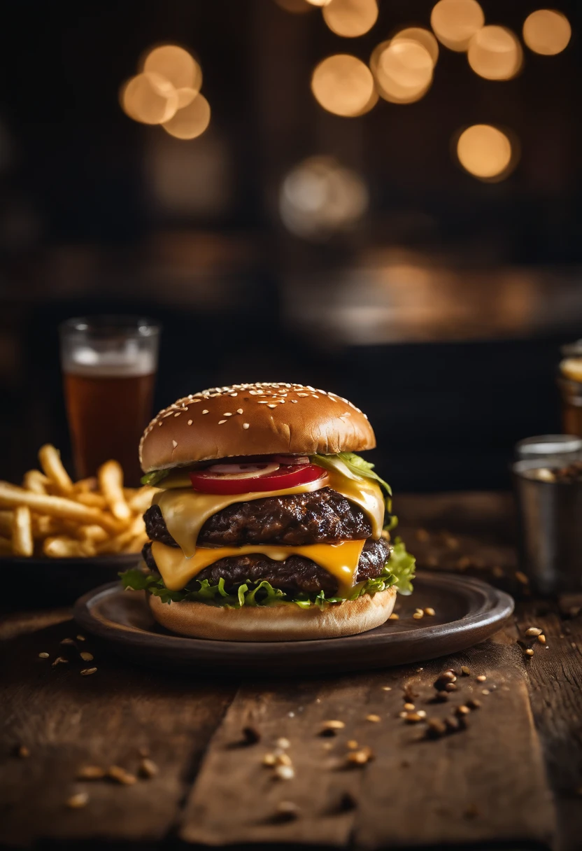 a top-down shot of a cheeseburger on a rustic wooden table, with sesame seeds sprinkled on the bun and a side of crispy golden fries, creating a classic American diner aesthetic