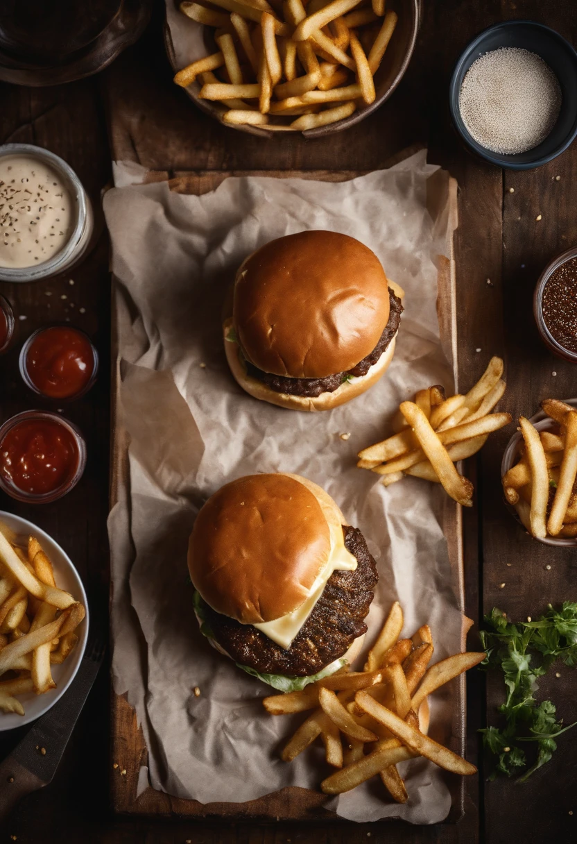 a top-down shot of a cheeseburger on a rustic wooden table, with sesame seeds sprinkled on the bun and a side of crispy golden fries, creating a classic American diner aesthetic