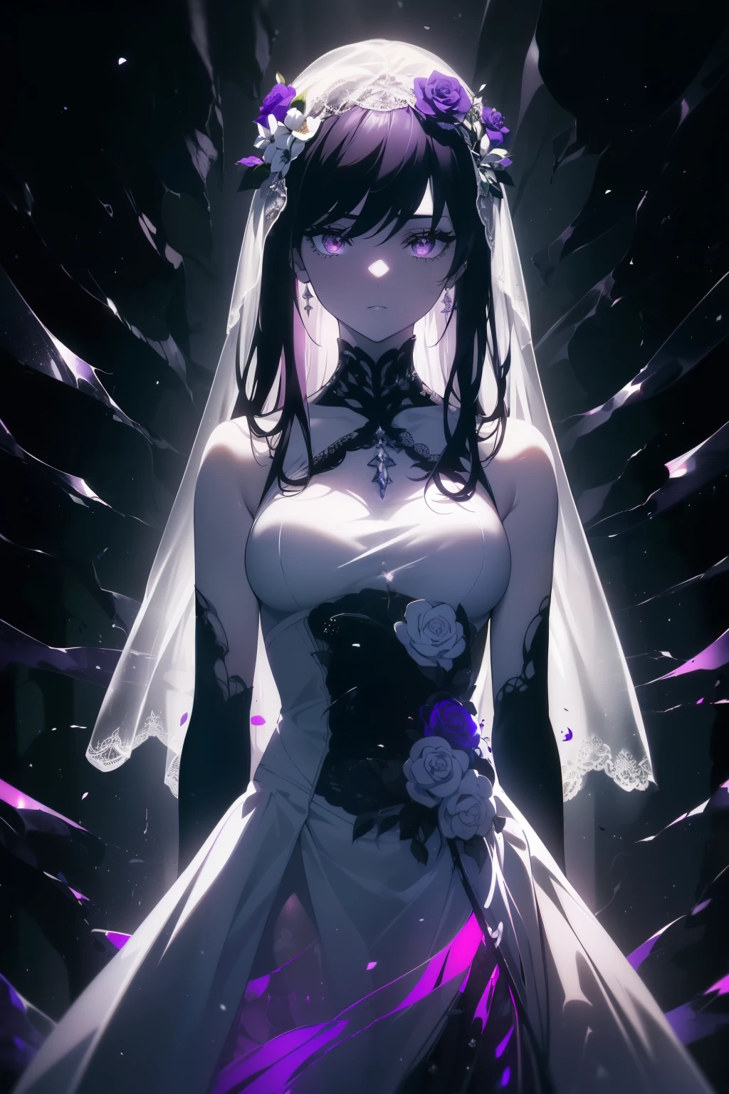 ((((Obra maestra, La mejor calidad, ultrahigh resolution)))), 1girl, standing, ((wearing a white wedding dress)), (long black hair in view, long hair:0.9, in frame), pale skin, ((purple eyes)), ((glowing_eyes, luminescent eyes)), ((ultra detailed eyes:0.7, beautiful and detailed face, detailed eyes:0.9)), ((centered)), ((wide shot)), facing viewer, (((surrounded by darkness, massive bloom flowers:2, beautiful lighting))), flat chested, looking at viewer, ((perfect hands)), ((head:1, hips, elbows, arms, in view)), ((hands behind back)), defined subject, (18 years old), ((cool looking)), (serious) , ((neon purple)),