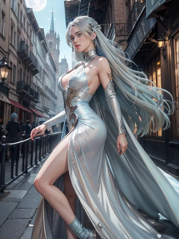 RAW, masterpiece, ultra thin photo, best quality, ultra high resolution, photorealistic, sunlight, full body portrait, incredibly beautiful, dynamic poses, delicate face, vibrant eyes, (side view), she is using a long medieval dress, (silvery dress:1.5), multicolored eyes, (light blue hair:1.5), medieval city background, highly detailed abandoned, detailed face, detailed and complex busy background, gorgeous, milky white, Highly detailed skin, realistic skin details, visible pores, sharp focus, volumetric mist, moonlight night, 8k UHD, DSLR camera, high quality, film grain, fair skin, photorealism, lomography, expanding metropolis in medieval dystopia, view from below, translucent