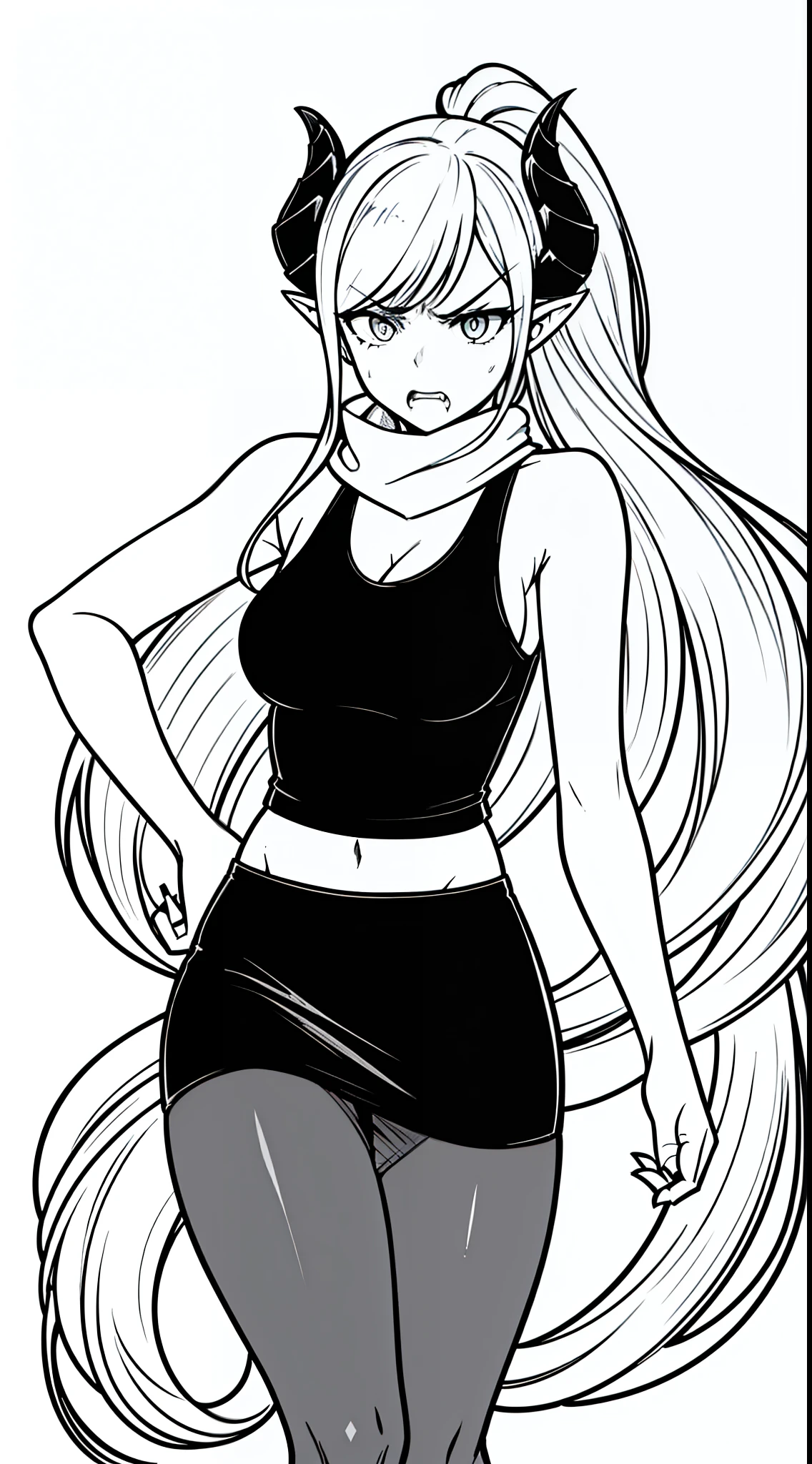 1girl,20s,solo,mature female,small breasts,long hair, white hair,(((villain,psycho,psychopath, angry))),show belly,cleavage,horns,elf ears,scarf,(((black tank top,black pencil skirt,black pantyhoses))),standing,(white background, line drawing),detailed,masterpiece,4k