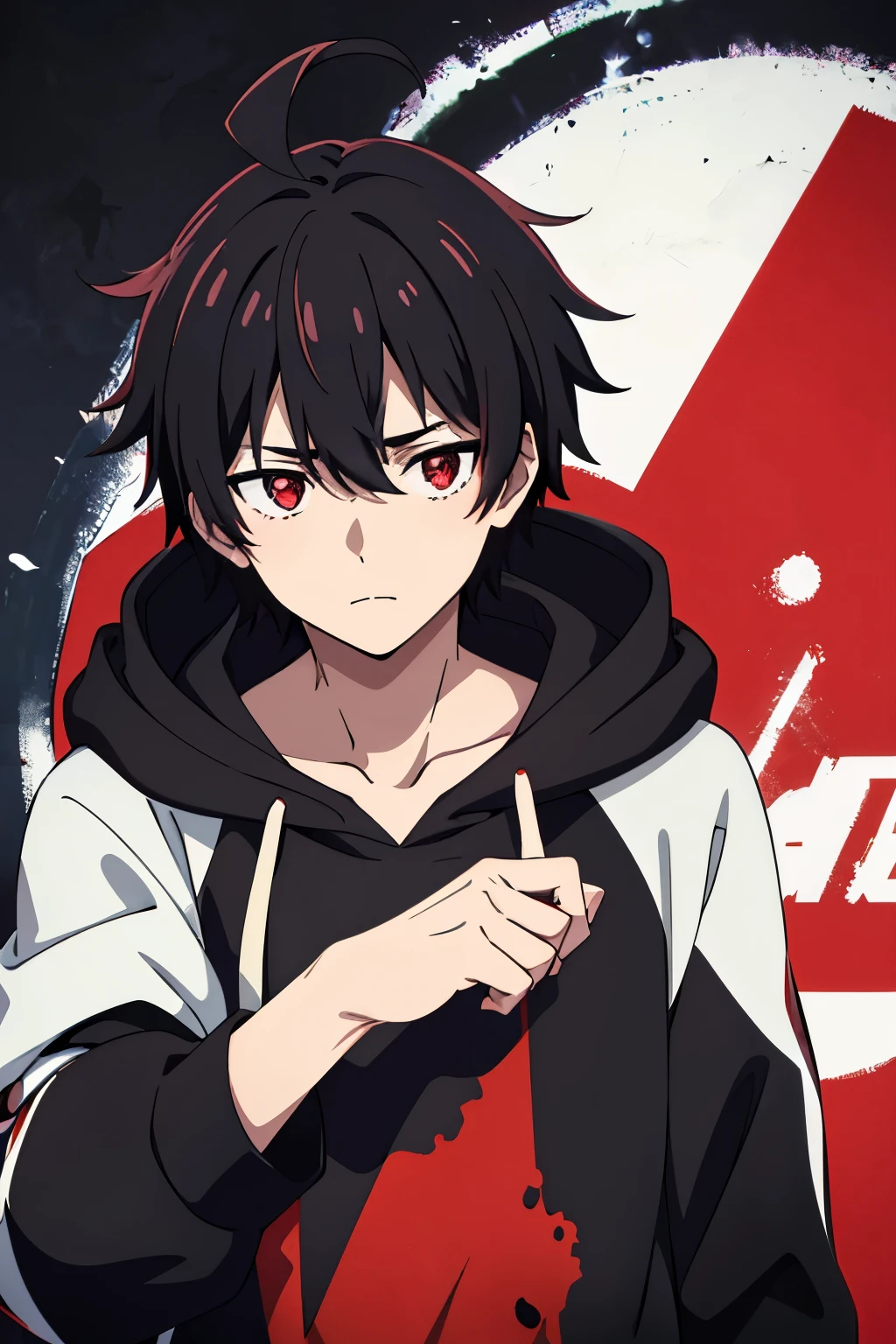 1male, femboy, solo, teenage, black hair, red eyes, bangs, short hair, messy hair, ahoge, cowlick, black hoodie, messy bangs, pale skin, skinny