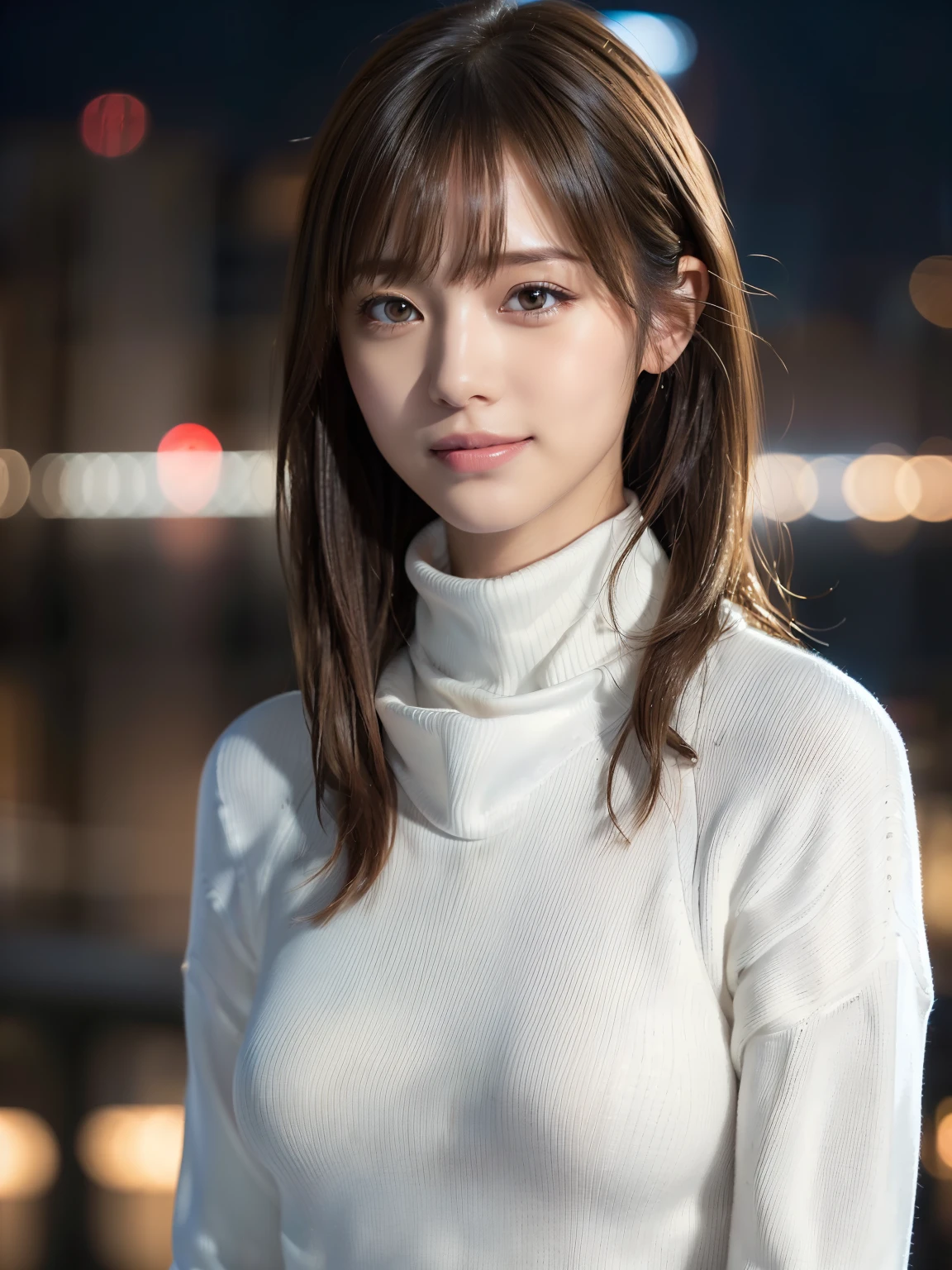 1 Japan Girls,(White turtleneck sweater:1.4),(Raw photo, Best Quality), (Realistic, Photorealsitic:1.4), masutepiece, extremely delicate and beautiful, Extremely detailed, 8k wallpaper, amazing, finely detail, extremely detailed CG Unity, hight resolution, Soft light, Beautiful detailed 19 year old girl, extremely detailed eye and face, beautiful detailed nose, Beautiful detailed eyes,Cinematic lighting,city light at night,Perfect Anatomy,Slender body,Smiling (hair messy, asymmetrical bangs, light brown hair,)