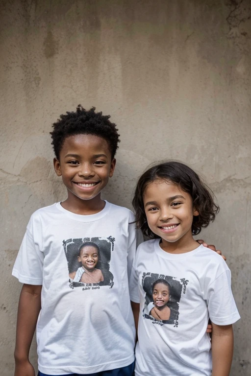 two children, s negros, dez anos, vestindo camiseta branca, imagem de meio corpo, background branco, sorridentes, dentes perfeitos