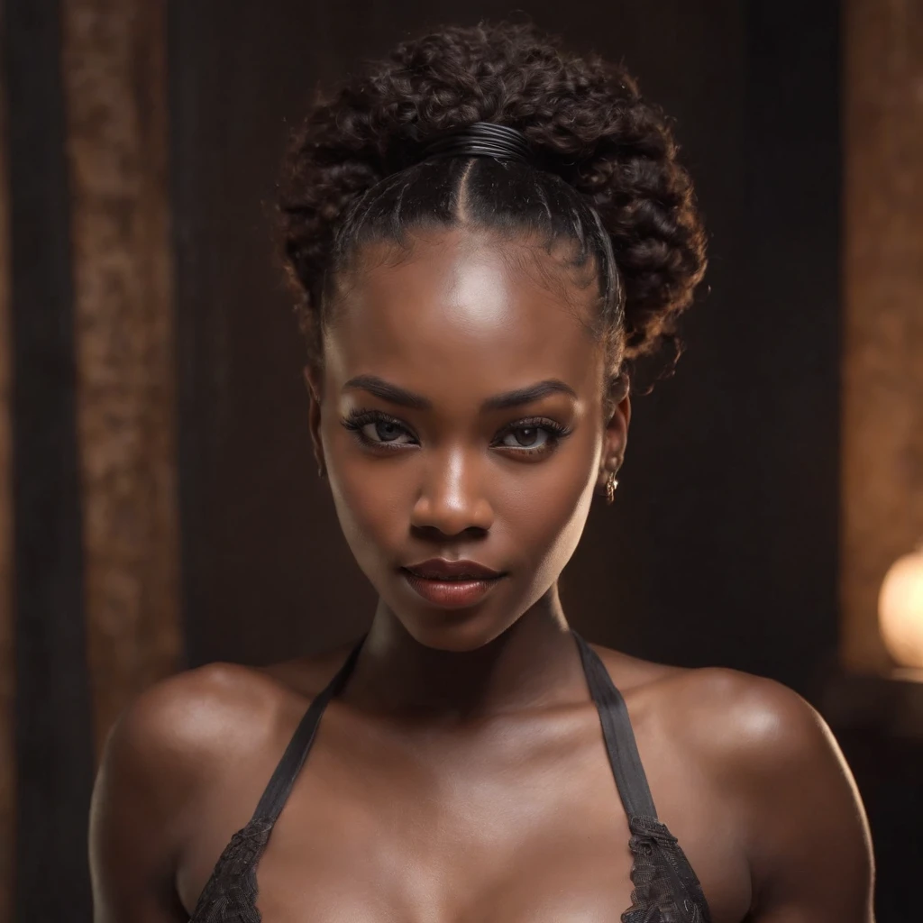 ((Dark African skin, Very deep ebony skin)), ((Its beauty is undeniable)), ((Excited cute face)), ((Hyper detailed perfect eyes,)), ((Language output)), ((Seductive)), sexy, ((sexy shibari, bondage, tied up with rope)), ((daddy’s girl)), ((Afro ponytail with long African curly hair, lipstick, mascara)), ((skin)), ((shibari)), ((instagram photo)), ((full body, view from above)), ((touching her belly in a sexy pose)), ((bed)), Sharp Focus CGI, photorealistic, High detail, Realistic, Masterpiece, absurd, Best quality, Hdr, High quality, high-definition, Extremely detailed, 8k wallpaper, Intricate details, 8K UHD, Full-HD, (photo realist:1.2), contrast, intense illumination, lighting cinematic, natural lighting, Illumination globale, open mouth, African women, Female sexy