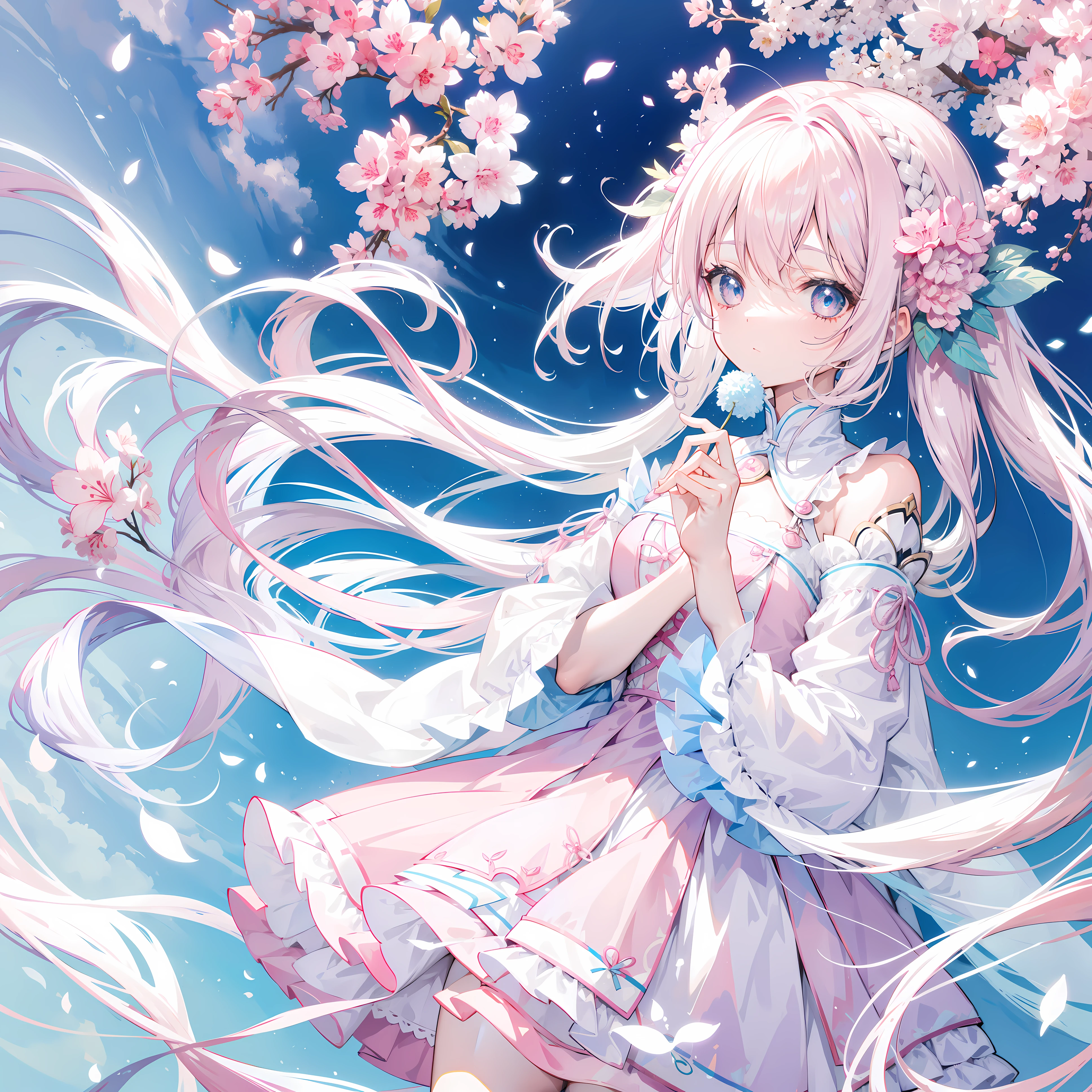 Anime girl with long white hair and pink dress holding a flower - SeaArt AI