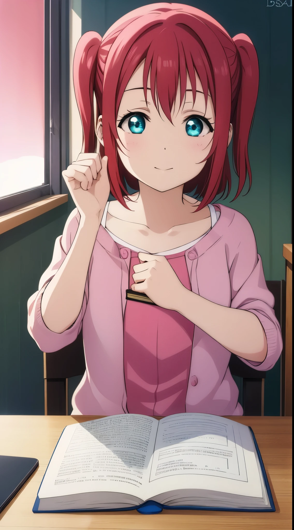 Best quality), Ruby kurosawa, aqua eyes, medium hair, red hair, two side up, twintails, studying, pink book,