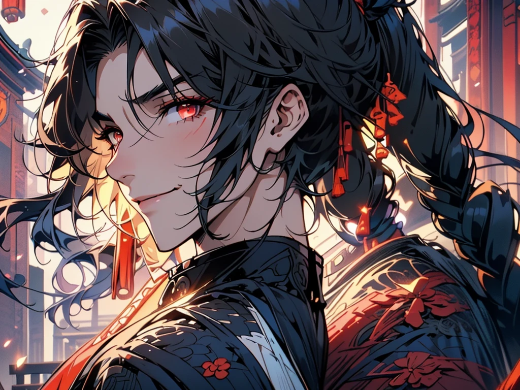 interesting smile，A handsome man with long black hair and ponytail，There are some muscles，Chinese costume，black red