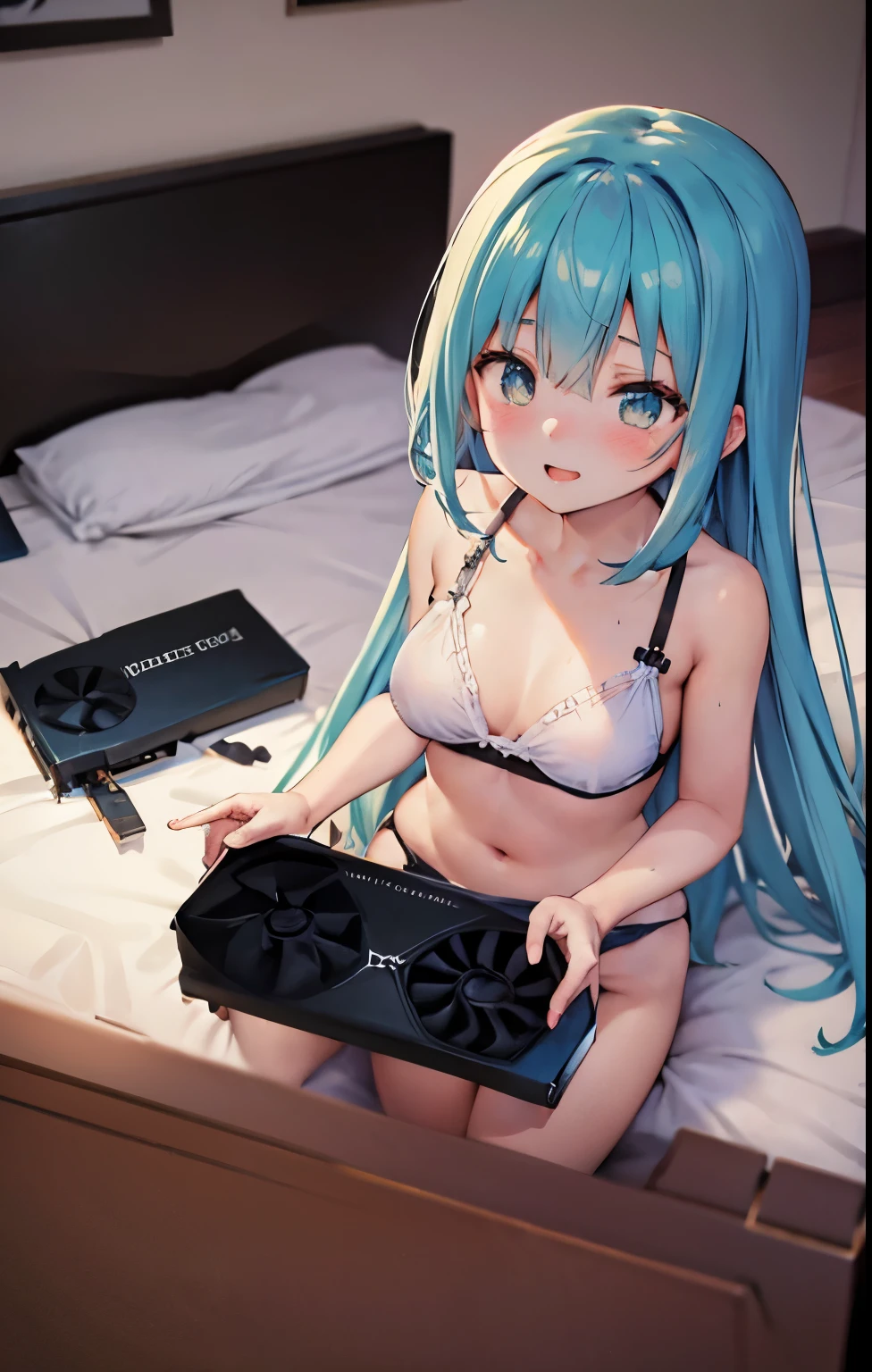 Anime girl in underwear in bed with an graphics card