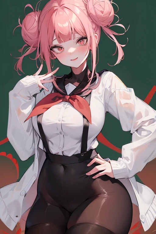tmasterpiece、Need、1 female student、White cloth bun bun bun、Shoulder leakage、The chest is large、chubbiness、ssmile、Black suspender tights、lace leggings、pale pink lip、posing at school,(drenched all over the body),legs are open, 独奏, White polo shirt, looking at viewert, (Thigh thick:1.0),Yazawa Nico,red eyes, face flushed,Blunt hair,both hands on hip,greet,Flower headdress,Nurse's uniform