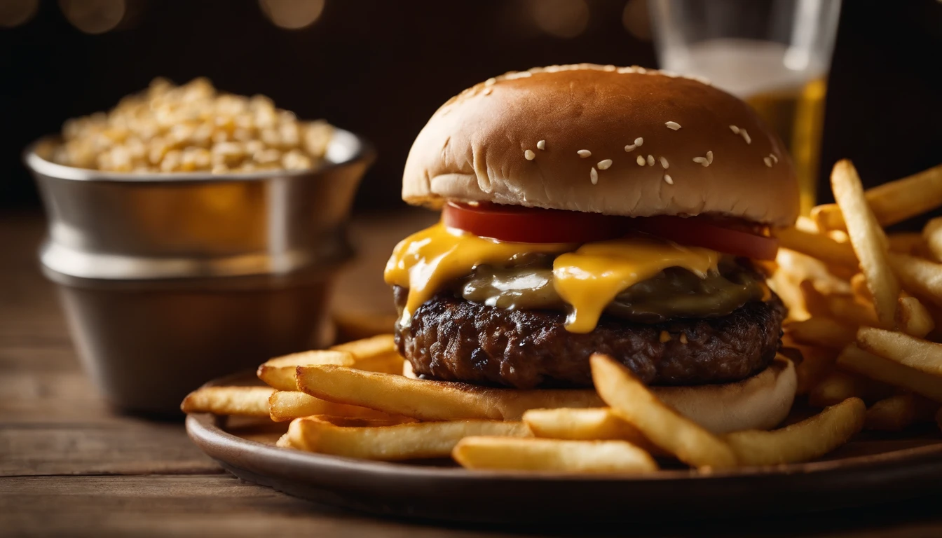 a top-down shot of a cheeseburger on a rustic wooden table, with sesame seeds sprinkled on the bun and a side of crispy golden fries, creating a classic American diner aesthetic