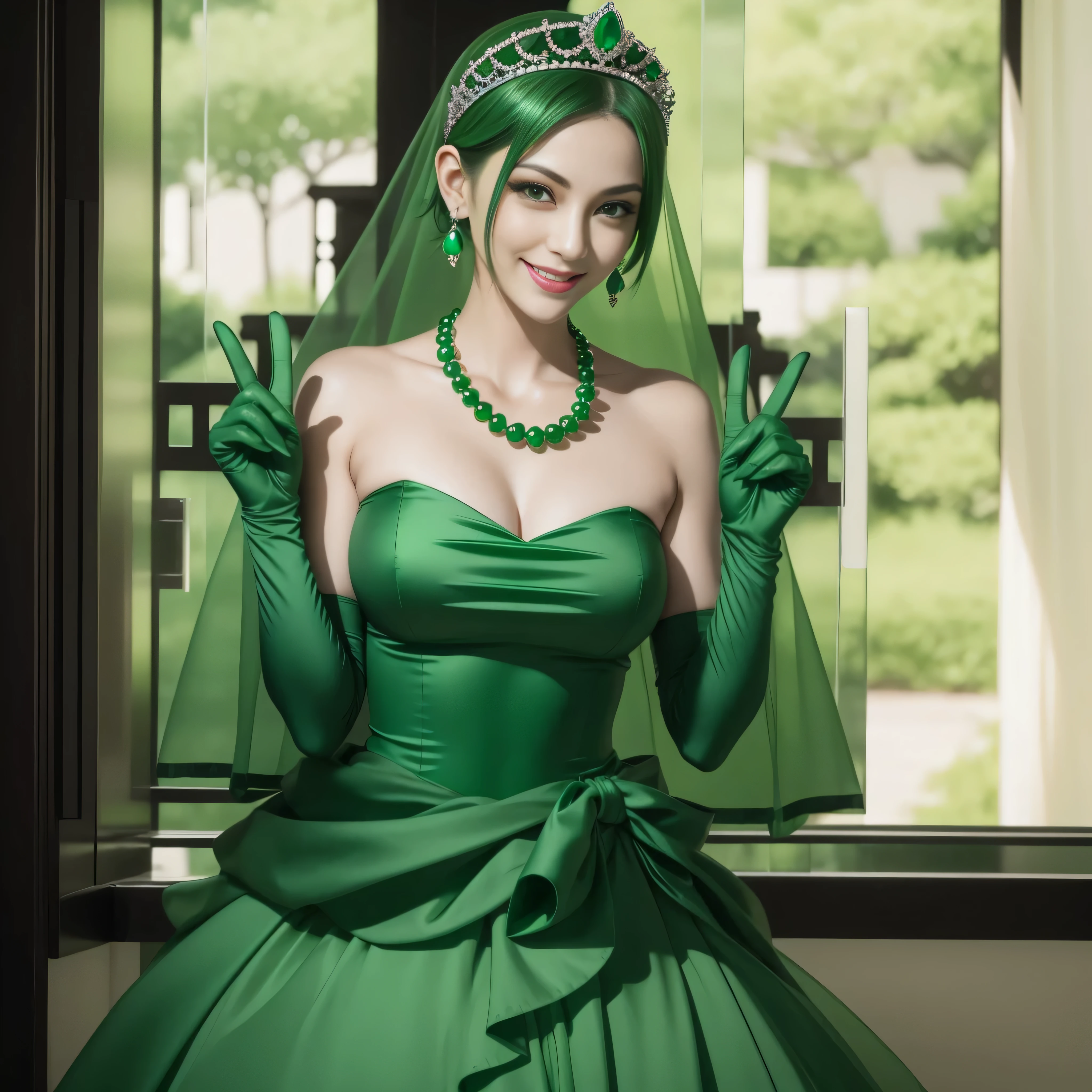 emerald tiara, Green Pearl Necklace, Boyish very short green hair, lipsticks, Japan woman smiling, very short short hair, big breasts beautiful, Green eyes, Long green gloves made of satin material, Green eyes, Emerald Earrings, green vale, v sign