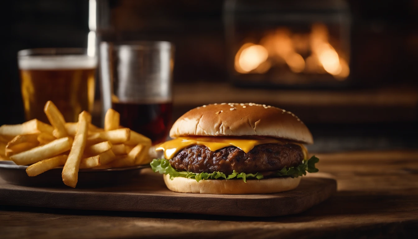 a top-down shot of a cheeseburger on a rustic wooden table, with sesame seeds sprinkled on the bun and a side of crispy golden fries, creating a classic American diner aesthetic