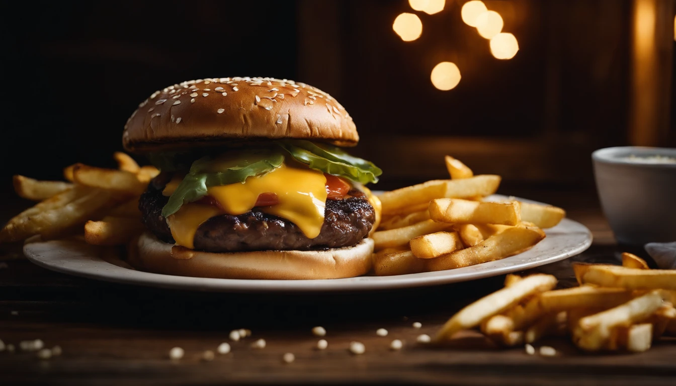 a top-down shot of a cheeseburger on a rustic wooden table, with sesame seeds sprinkled on the bun and a side of crispy golden fries, creating a classic American diner aesthetic