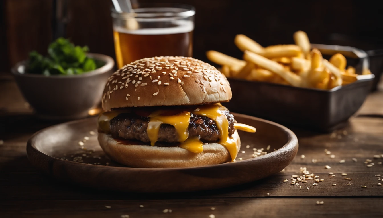 a top-down shot of a cheeseburger on a rustic wooden table, with sesame seeds sprinkled on the bun and a side of crispy golden fries, creating a classic American diner aesthetic