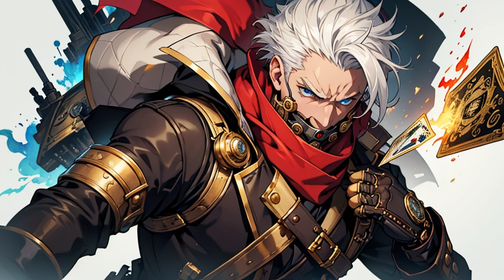Man with white hair and blue eyes and futuristic style gold gas mask and red scarf and gold steampunk style costume and gold gloves and very angry throwing playing cards on fire and watercolor style gray background