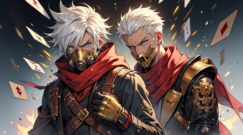Man with white hair and blue eyes and futuristic style gold gas mask and red scarf and gold steampunk style costume and gold gloves and very angry throwing playing cards on fire and watercolor style gray background