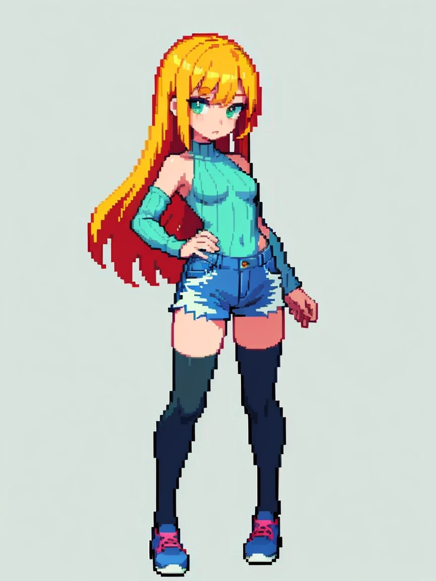 (masterpiece, top quality, best quality, less detail, 8-bit color), pixel,pixel art,1girl, fullbody, smack studio, separate body for edit, (denim shorts), (green crop sweater), (bare shoulders), (thighhighs), (shoes)