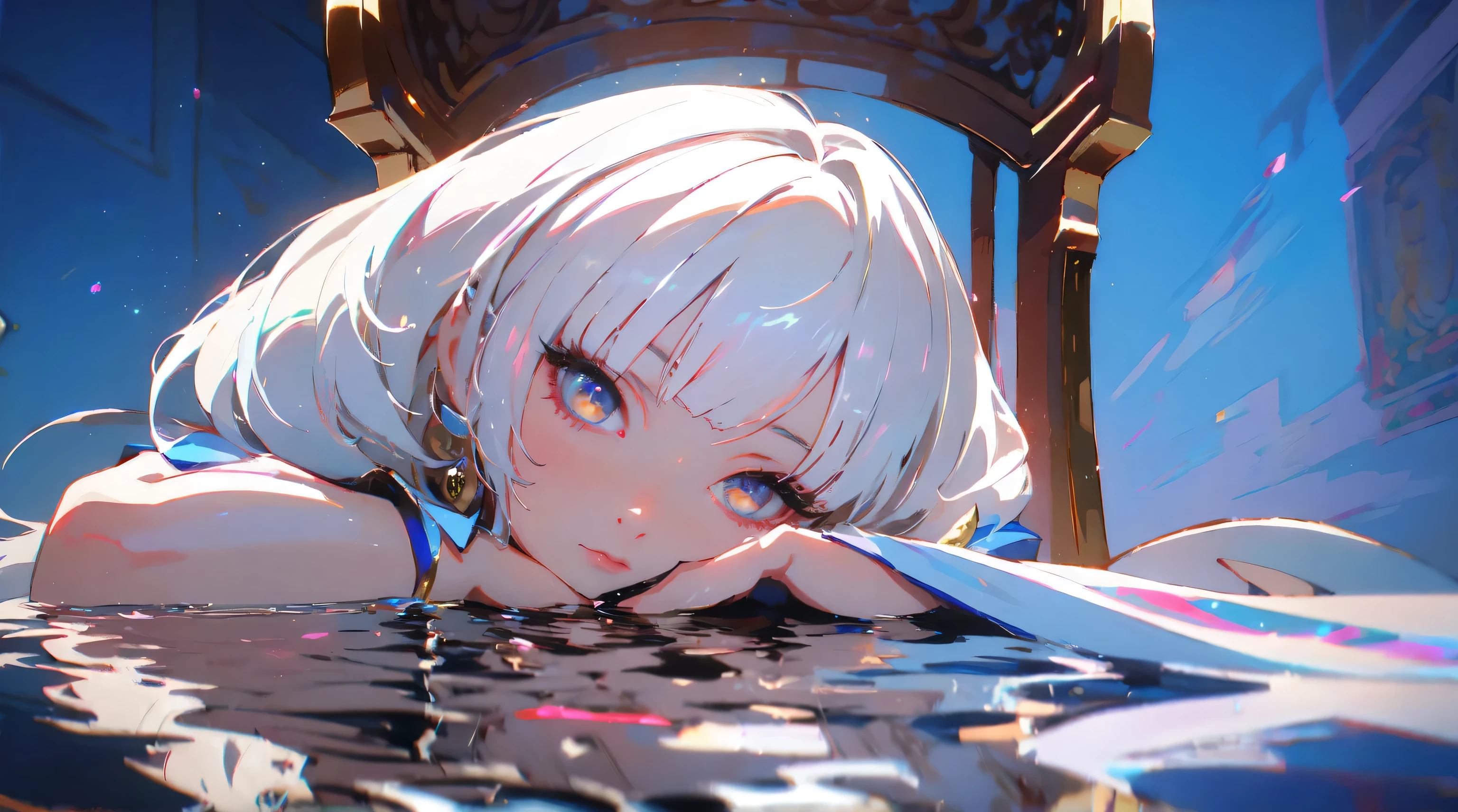 ( 8K, Masterpiece, hiquality, Digital Art, Beautiful and epic, hyper detailed, Anime Aesthetics, ),long eyelashes, white colored hair, Bob haircut, Anime Aesthetics, Pastel painting, The Perfect Setting, Perfectly proportioned, Bangs, hime cut, anaglyph, atmospheric perspective, conceptual art, Contemporary art, Anime style, chiaroscuro, glowing light, vignetting, super detaill, ccurate, Best Quality, Masterpiece, anatomically correct, hiquality, High Details, hight resolution .anime waifu sitting on a classic venetian chair in the water.