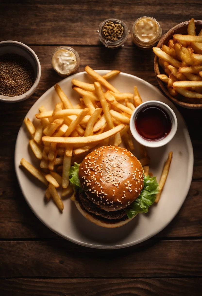 a top-down shot of a cheeseburger on a rustic wooden table, with sesame seeds sprinkled on the bun and a side of crispy golden fries, creating a classic American diner aesthetic