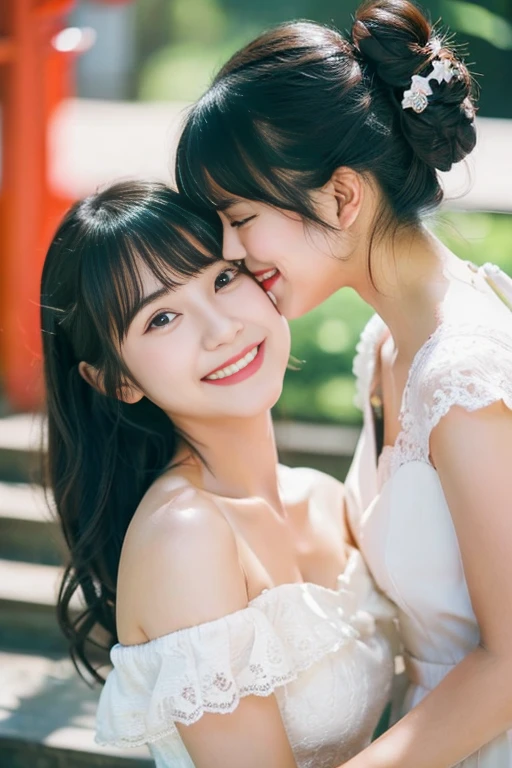 ((​masterpiece))), (Two beautiful Japan girls, classmates, Innocence，kawaii，kawaii髪型、A dark-haired :1.4)) ，超hight resolution, Realistic, ultra-detailliert, 8K,top-quality, Extremely detailed, Detailed background,A slender,very beautiful japanese girl, Detailed face:1.3), , (a baby face，kawaii系,adorable girl)，(Best Quality,Photorealistic,hight resolution),Beautiful detailed eyes,Beautiful detailed lips,Smiling,Laughing,kawaii系,having fun,Joyful,excited,clew,cosy atmosphere,magical moments,,memories that make you happy,cherish sisterhood,love and laughter、beautiful off shoulder clavicle，White lace dress，A smile that makes you want to hug，Perfect hands without discomfort，Precise feet without discomfort，The girl on the right has a shortcut，The girl on the left has a ponytail，Kissing、Lori