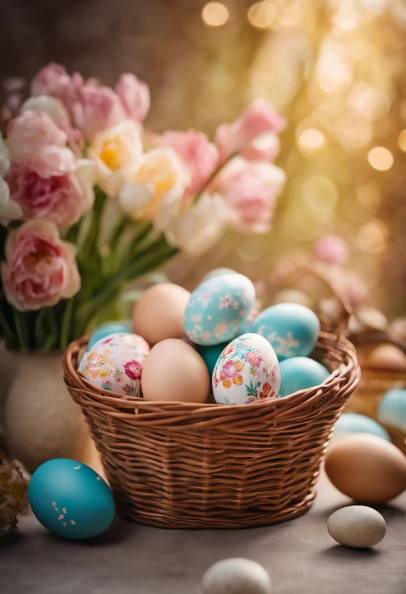 a still life shot of a wicker basket filled with hand-painted Easter eggs, with hot wax patterns adorning each egg, against a backdrop of pastel-colored spring flowers, creating a harmonious and festive scene