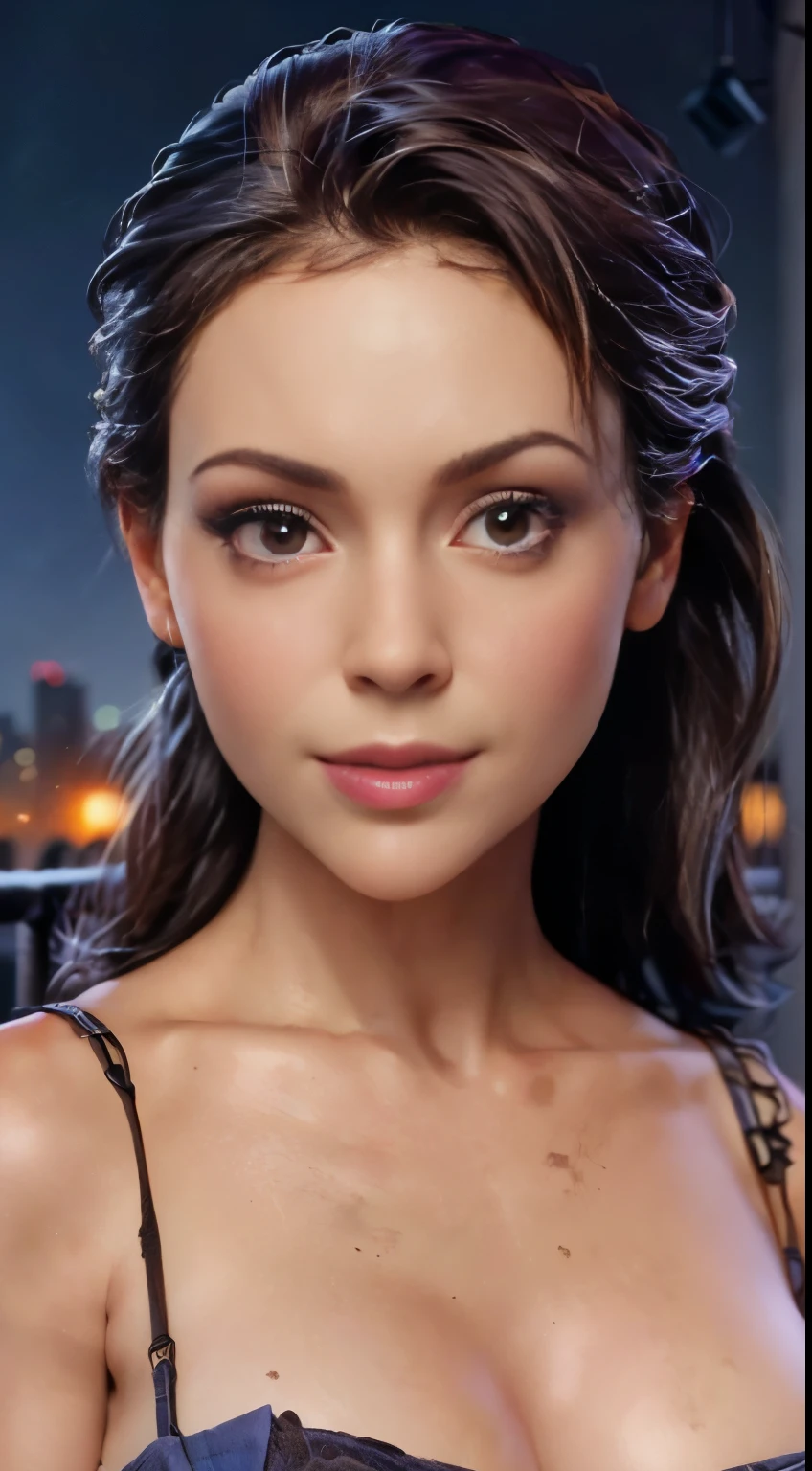 photo of Alyssa Milano, RAW, beautiful woman, ((portrait)), ((detailed face:1.2)), ((detailed facial feature, detailed skin, clear skin), (perfect proportioned body), (wearing a colorful dress) (high detailed city environment, apartment balcony), (realistic photo, best quality, detailed), (8k wallpaper), (cinematic lighting, dramatic lighting) (sharp focus, intricate)