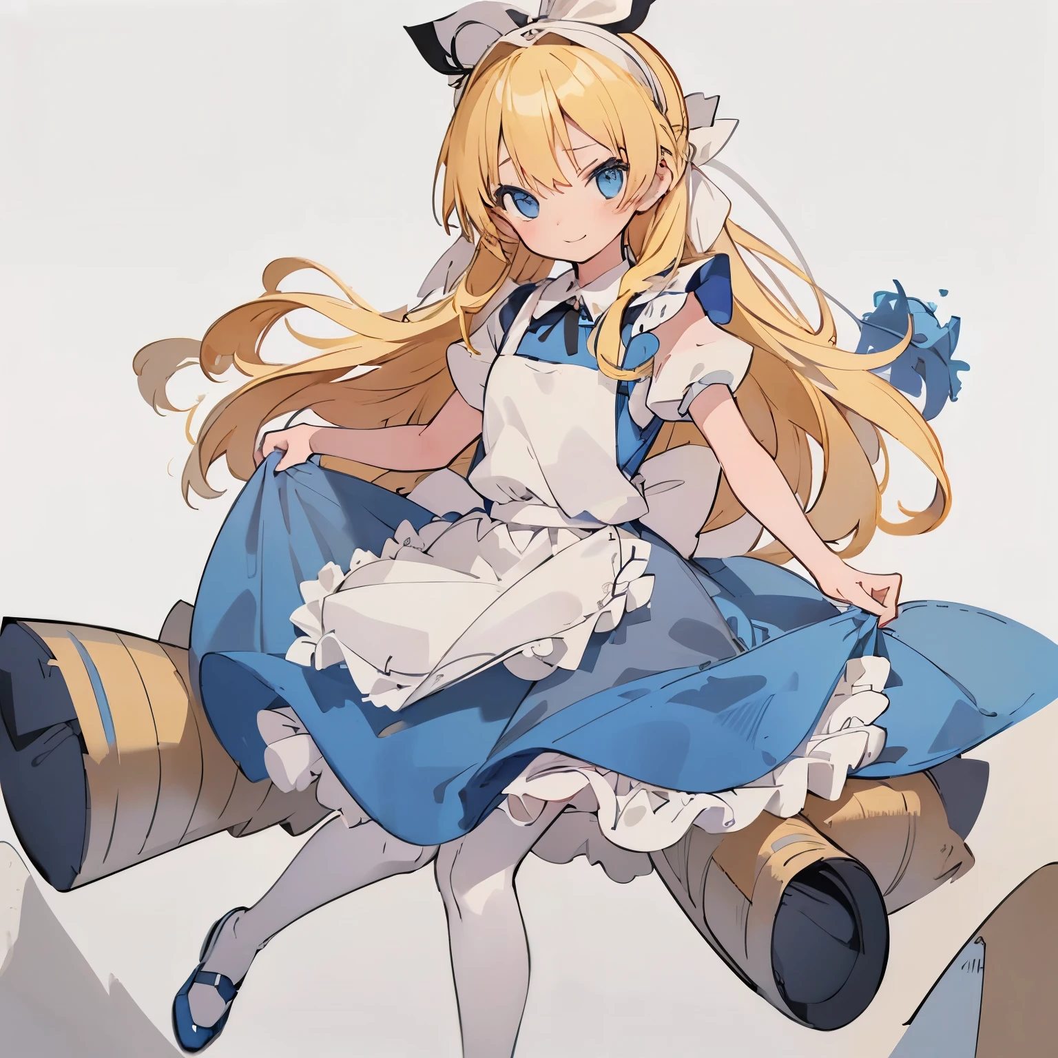 【Highest Quality, masutepiece】  [(1girl:1.5), expressioness, (blonde hair:1.5), long hair,Blue dress, (blue eyes:1.3), white legwear, apron, hairband ribbon, slender beauty, short stature ,shoes, short sleeves, saucer, black footwear, Upper body] (Gray white background:1.7), smile