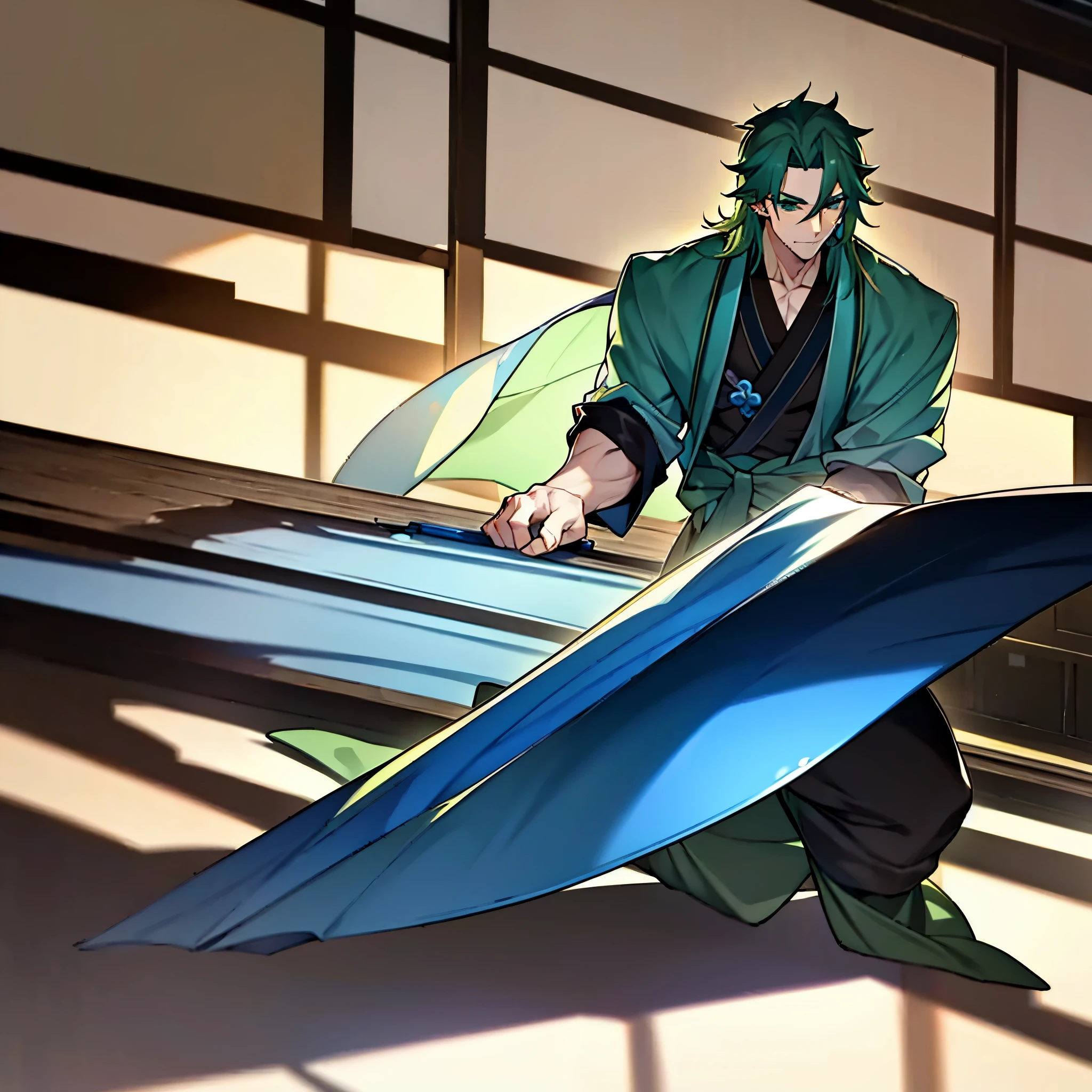 muscle male, 39 years old,, long black-green hair, Blue kimono, blue eyes