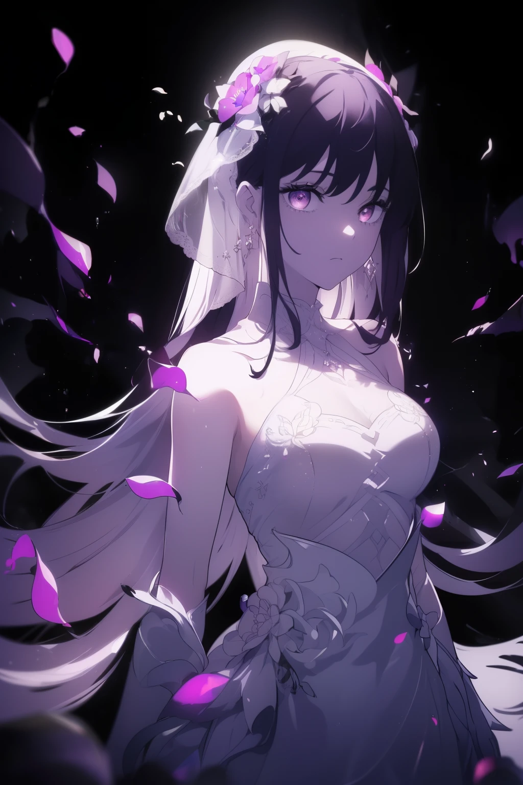 ((((Obra maestra, La mejor calidad, ultrahigh resolution)))), 1girl, standing, ((wearing a white wedding dress)), (long black hair in view, long hair:0.9, in frame), pale skin, ((purple eyes)), ((glowing_eyes, luminescent eyes)), ((ultra detailed eyes:0.7, beautiful and detailed face, detailed eyes:0.9)), ((centered)), ((wide shot)), facing viewer, (((surrounded by darkness, massive bloom flowers:2, beautiful lighting))), flat chested, looking at viewer, ((perfect hands)), ((head:1, hips, elbows, arms, in view)), ((hands behind back)), defined subject, (18 years old), ((cool looking)), (serious) , ((neon purple)),
