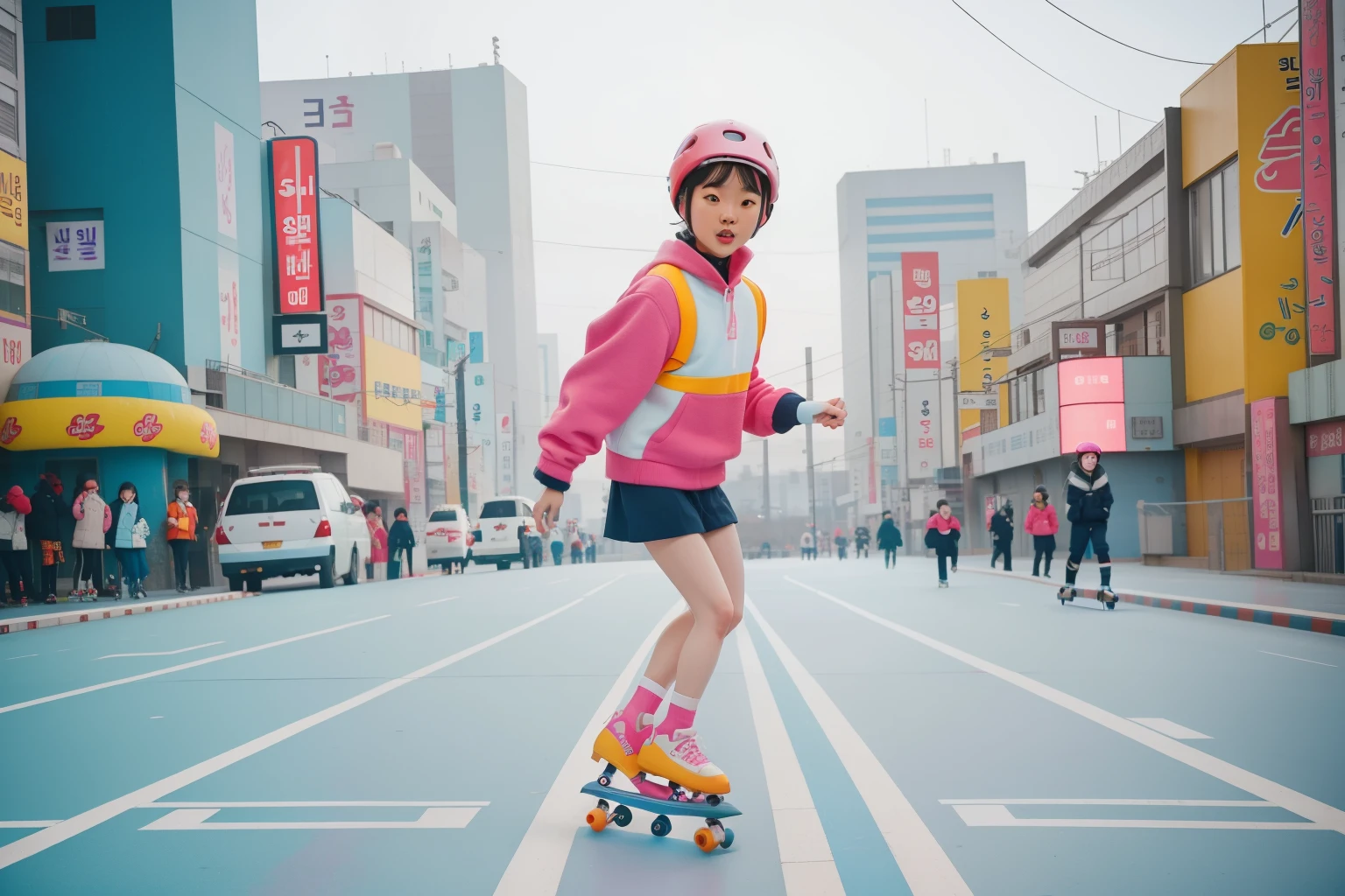 February 2023. Roller Skating Enthusiast in Seoul, South Korea.

Description: An enthusiastic roller skater, characterized by a colorful bob haircut and retro roller skates, glides through the vibrant streets of Seoul. The dynamic motion and distinctive winter ensemble create a Wes Anderson-inspired February skating scene.