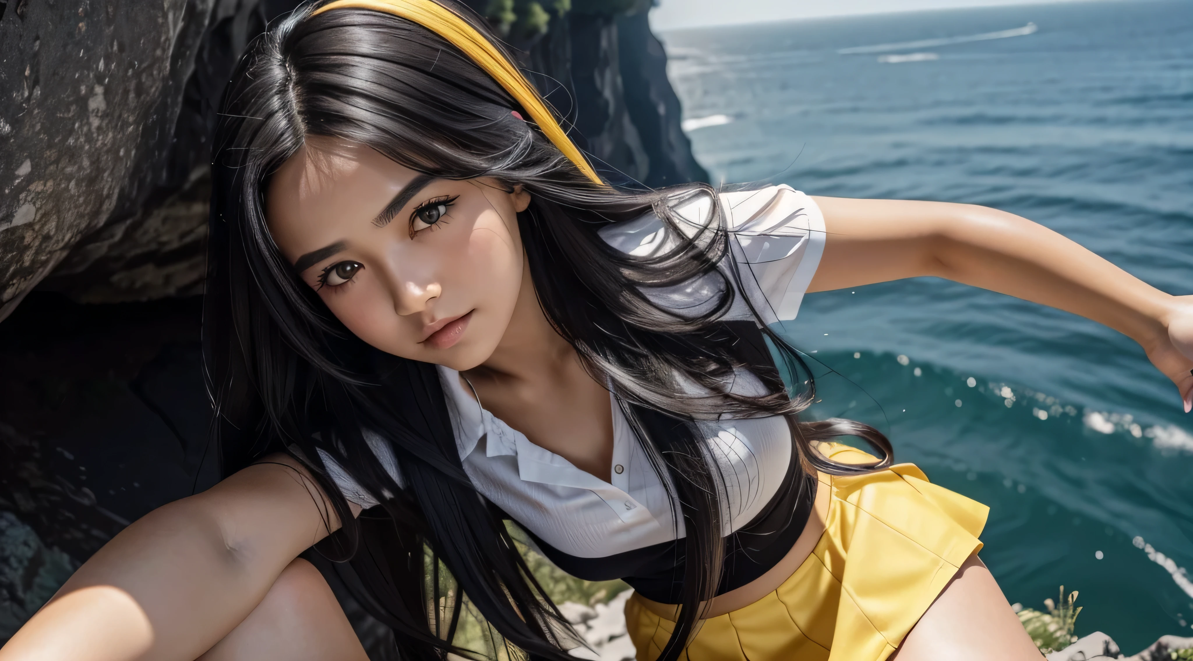 close face of a girl beautiful girl,very handsome modest,long black and white hair with gradient,beautiful girl in a black and yellow miniskirt with drawings of red hearts,short skirt for girls, she has a yellow blouse ,on the side of a cliff, where there are many big waterfalls,and a very beautiful foreplay,Hot summer, soft gentle light,high skin detail.high quality 32k,Ultra HD 8K,girl clear focus,girl close,