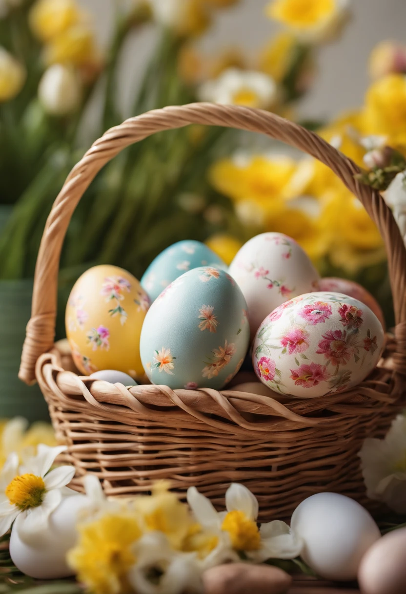 a still life shot of a wicker basket filled with hand-painted Easter eggs, with hot wax patterns adorning each egg, against a backdrop of pastel-colored spring flowers, creating a harmonious and festive scene