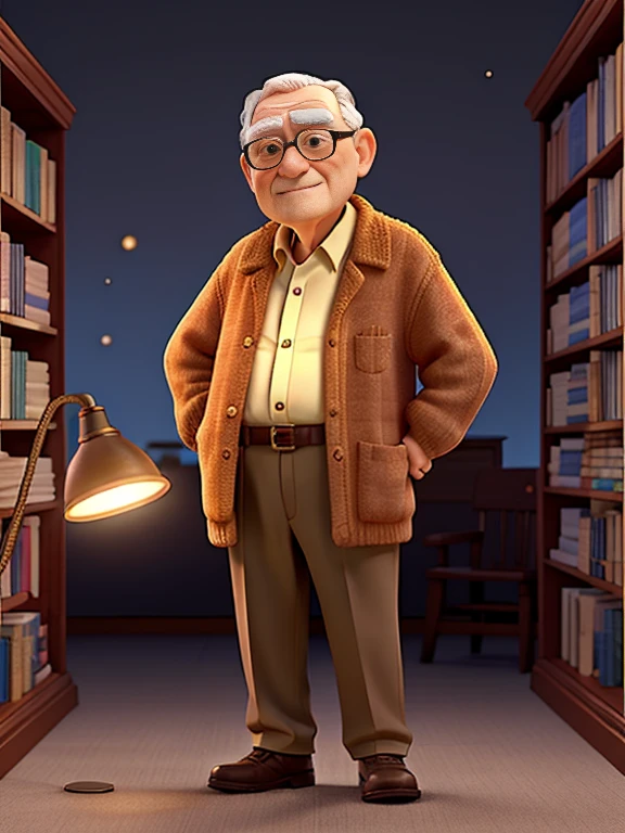 A wise old man standing in front, illuminated by the light of a lamp, against the backdrop of a library