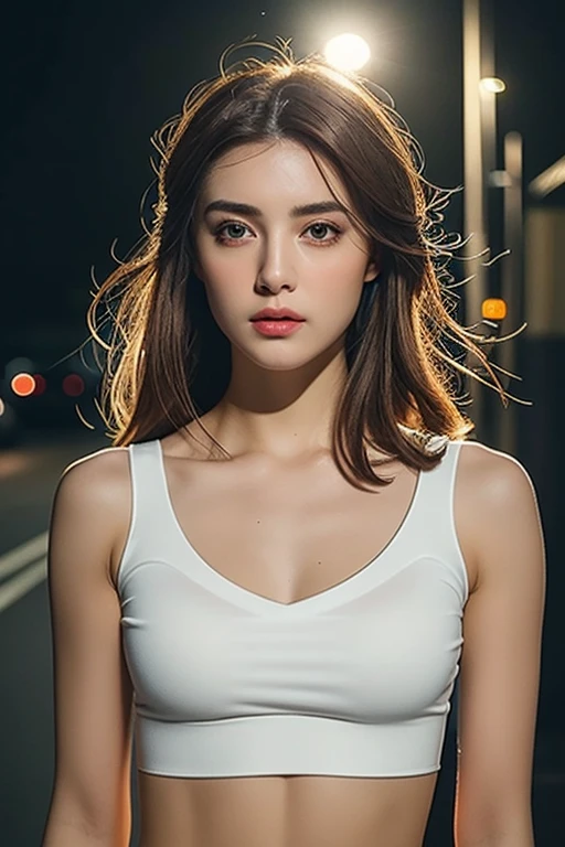 ((Realistic lighting, Best quality, 8K, Masterpiece: 1.3)), Clear focus: 1.2, 1girl, Perfect Figure: 1.4, Slim Abs: 1.1, ((Dark brown hair)), (White crop top: 1.4), (Outdoor, Night: 1.1), City streets, Super fine face, Fine eyes, Double eyelids, full body