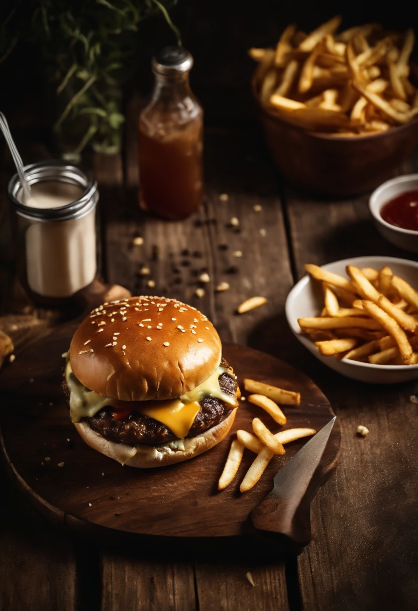 a top-down shot of a cheeseburger on a rustic wooden table, with sesame seeds sprinkled on the bun and a side of crispy golden fries, creating a classic American diner aesthetic