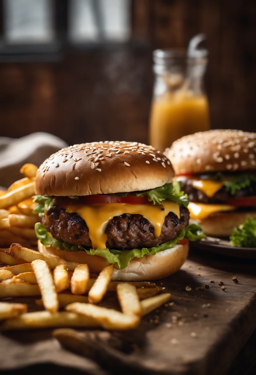 a top-down shot of a cheeseburger on a rustic wooden table, with sesame seeds sprinkled on the bun and a side of crispy golden fries, creating a classic American diner aesthetic