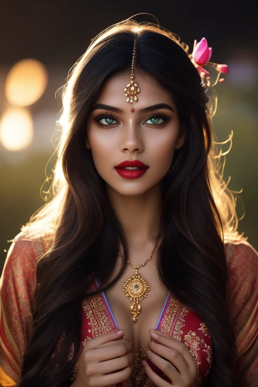 a girl,wearing an elegant 100% transparent saree,curly long hair,deep black eyes,shiny red lips,brown skin,lotus flower in her hair,bindi on forehead,palms decorated with henna,in a blooming garden,bright colorful flowers,green grass,blue sky,sunshine falling on her,peaceful and serene expression,subtle smile on her face,fingers delicately touching flower petals,body language full of grace and elegance, scenic beauty,painting as medium,detailed and vivid,high-resolution image,photorealistic rendering,vibrant colors,soft and warm lighting, her boobs exposed,