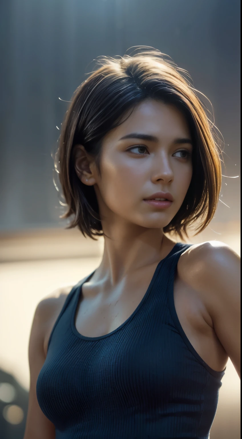 dressed, (photo realistic:1.4), (hyper realistic:1.4), (realistic:1.3), (smoother lighting:1.05), (increase cinematic lighting quality:0.9), 32K, 1girl,20yo girl, realistic lighting, backlighting, light on face, ray trace, (brightening light:1.2), (Increase quality:1.4), (best quality real texture skin:1.4), finely detailed eyes, finely detailed face, finely quality eyes, (tired and sleepy and satisfied:0.0), face closeup, wet Tank top, (Increase body line mood:1.1), (Increase skin texture beauty:1.1)