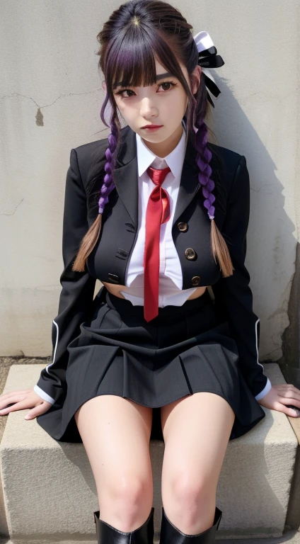 masterpiece, best quality, high res, Full body photo, kirigiri kyoko,  I am sitting with my legs thrown out on the folding floor, crotch open, Spread your legs and show off your pussy,  long hair, purple hair, side braid, blunt bangs, hair ribbon, black ribbon, high collar, brown necktie, black motor cycle jacket, open clothes, long sleeves, black gloves, black mini skirt, pleated skirt, black long boots, (very Bigger breasts:1.6), full shot, danganronpa, street, ((full shot)), looking at viewer, white shirt,