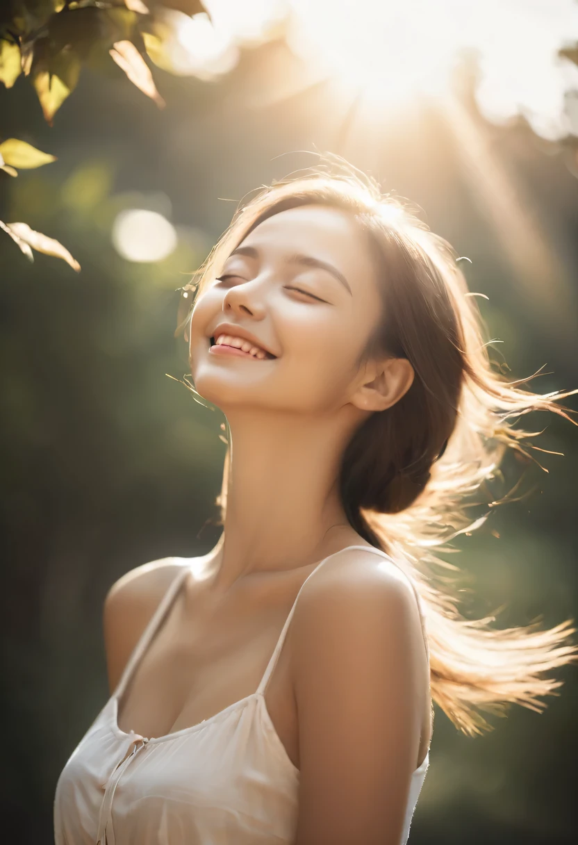 (rays of sunshine,With his eyes closed,Ao olhar para cima,face tilted upward,With his eyes closed微笑,Side profile,The light from the back window is backlighted,light circles,professional photoshooting)