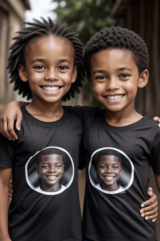 two children, meninos negros, dez anos, vestindo camiseta branca, imagem de meio corpo, background branco, sorridentes, dentes perfeitos, camera lente 18mm