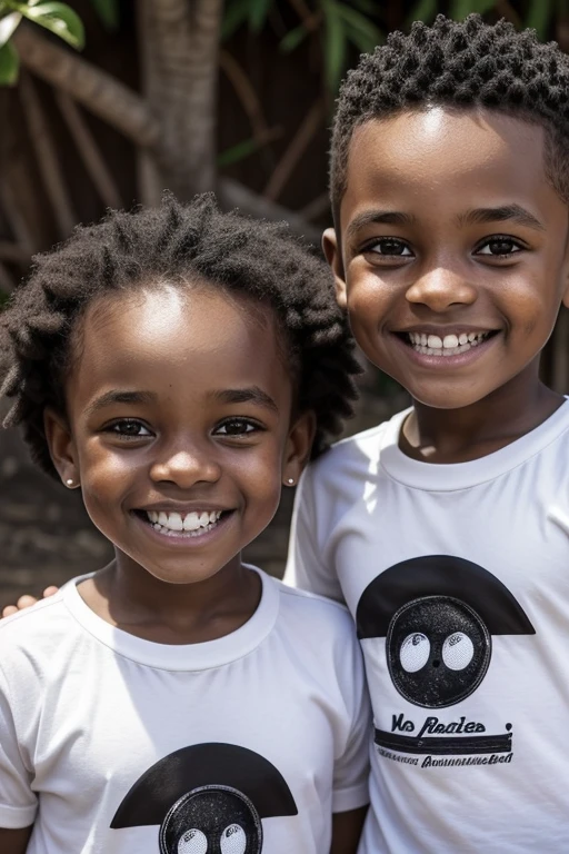 two children, s negros, dez anos, vestindo camiseta branca, imagem de meio corpo, background branco, sorridentes, dentes perfeitos, camera lente 18mm