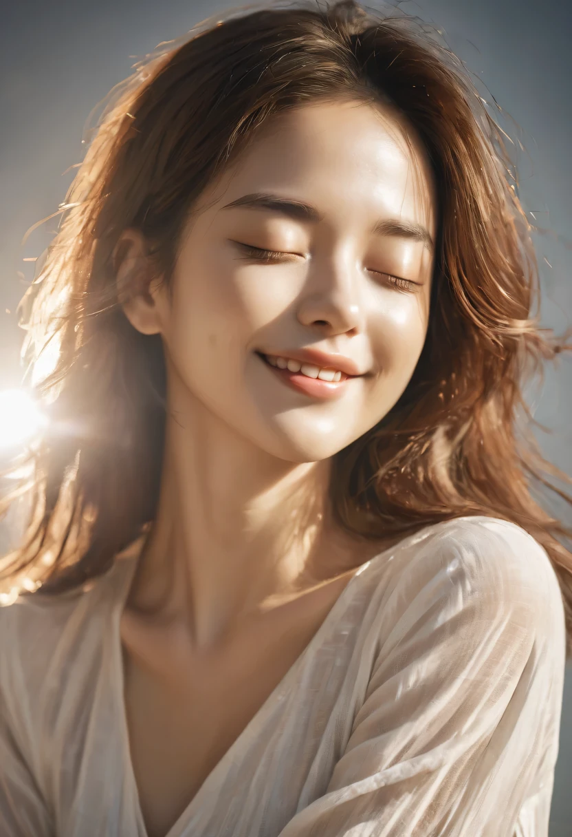 (rays of sunshine,With his eyes closed,Ao olhar para cima,face tilted upward,With his eyes closed微笑,Side profile,The light from the back window is backlighted,light circles,professional photoshooting)