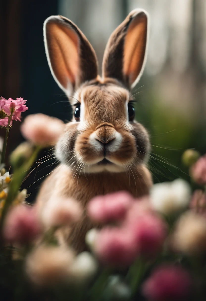 a playful shot of a bunny peeking out from behind a bouquet of spring flowers, with its cute nose and whiskers adding a touch of whimsy to the composition