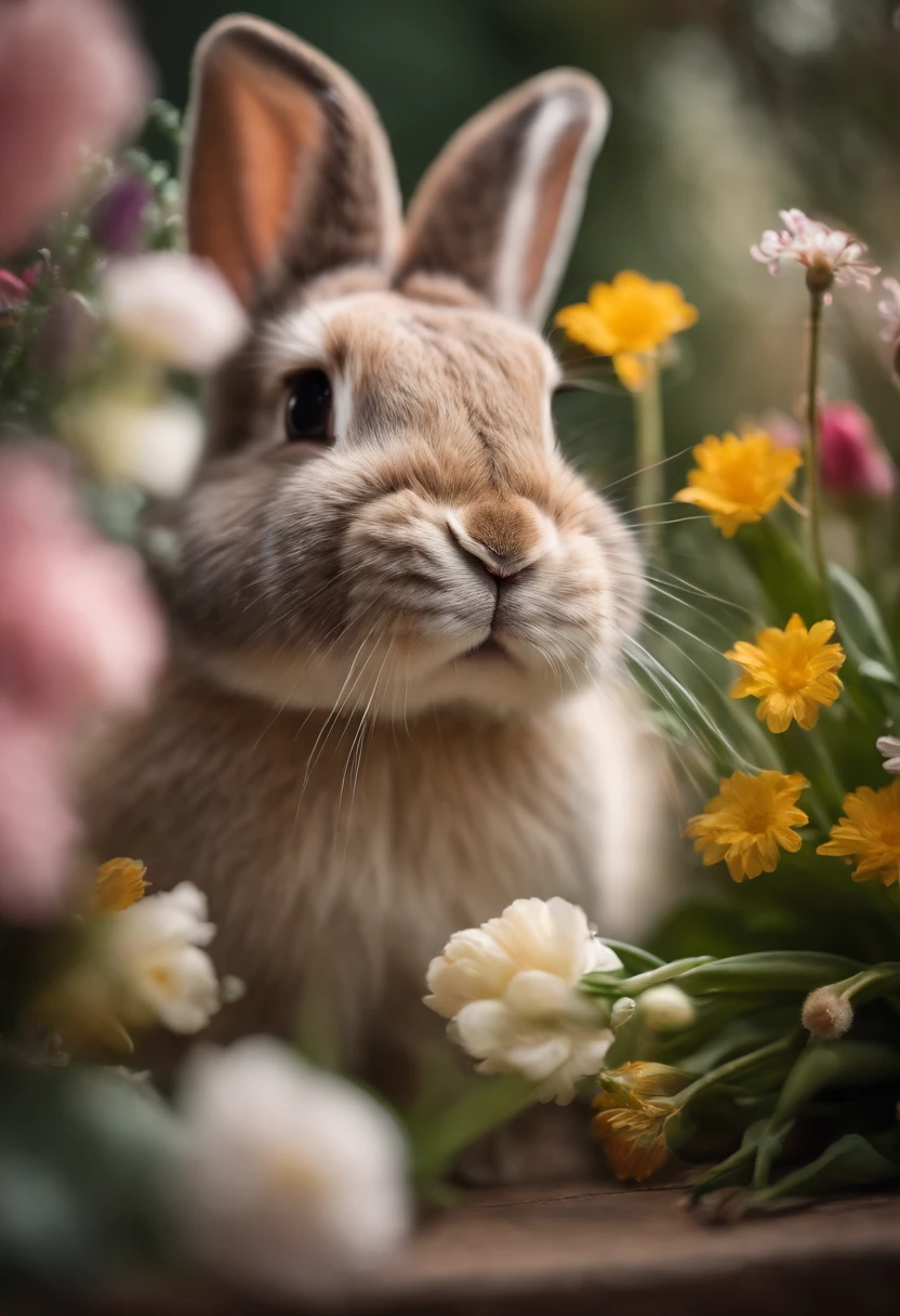 a playful shot of a bunny peeking out from behind a bouquet of spring flowers, with its cute nose and whiskers adding a touch of whimsy to the composition