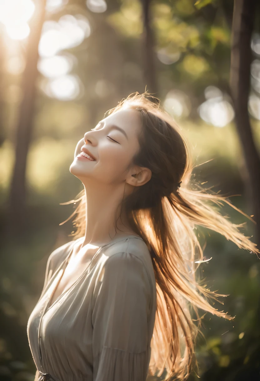 rays of sunshine,With his eyes closed,Look up，tilt your face,(closed eyes smile),Side profile,The light from the back window is backlighted