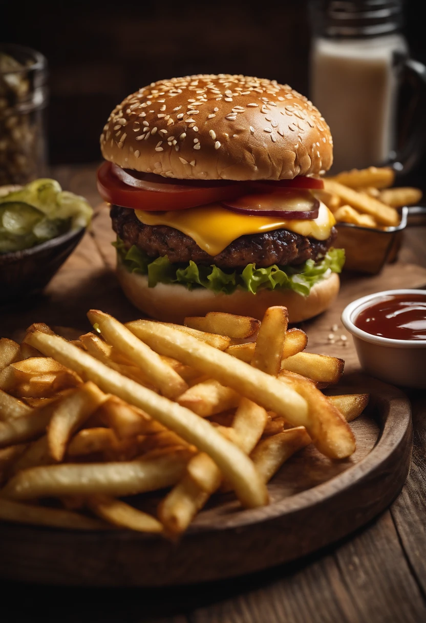 a top-down shot of a cheeseburger on a rustic wooden table, with sesame seeds sprinkled on the bun and a side of crispy golden fries, creating a classic American diner aesthetic